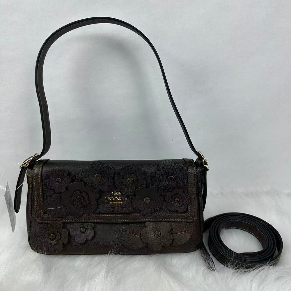 Coach Etta Small Flap Shoulder Bag With Floral Applique Leather CDY43 Gold/Maple